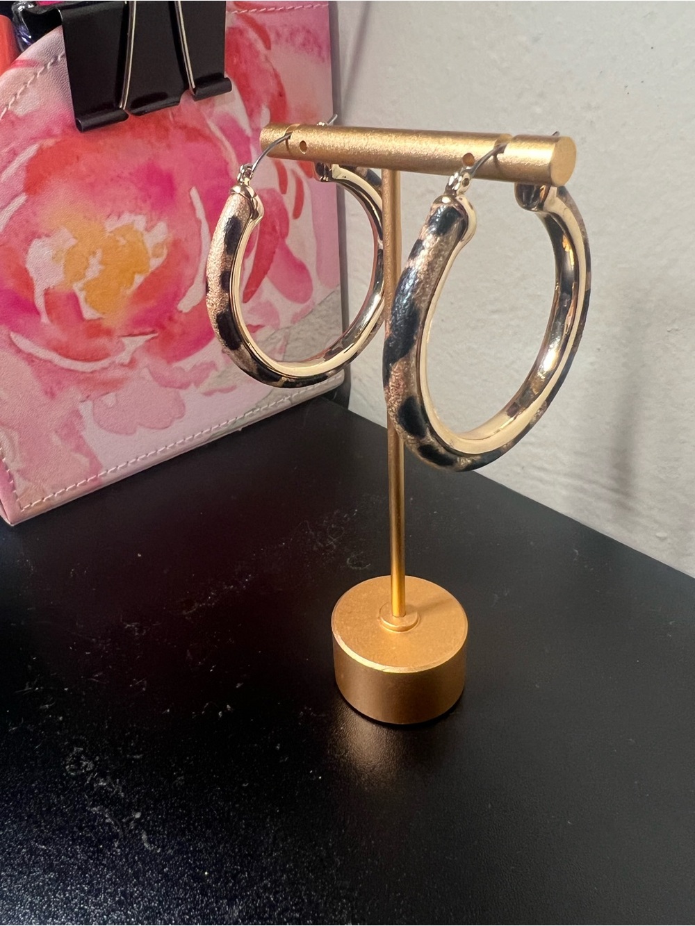 Gold Hoop Earrings with Black Resin Accents